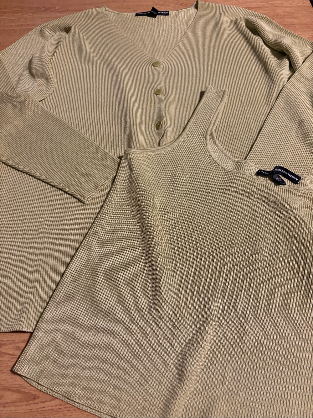 Ellen Tracy Light Green 100% sil Ribbed Knit Cardigan & Tank Set- sz X (XL/0X) - Picture 3 of 6